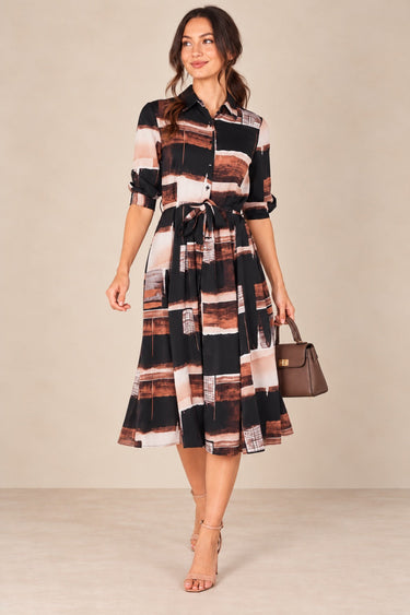 Love Sunshine Brown Abstract Brushstroke Print Belted Midi Shirt Dress Brunch Dress Casual Dress Dress with Pockets Dresses Everyday Dress LS-2045 Workwear Dress