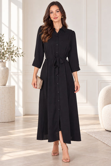 Black Textured Belted Maxi Shirt Dress