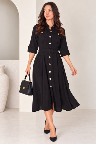 Love Sunshine Black Utility Belted Midi Shirt Dress Brunch Dress Casual Dress Dress with Pockets Dresses Everyday Dress Workwear Dress
