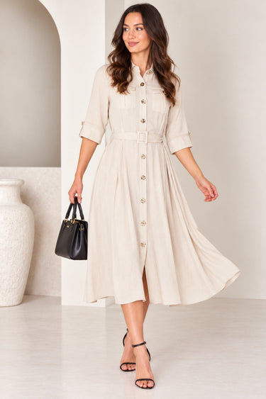 Love Sunshine Ivory Utility Style Belted Midi Shirt Dress Brunch Dress Casual Dress Dress with Pockets Dresses Everyday Dress Workwear Dress