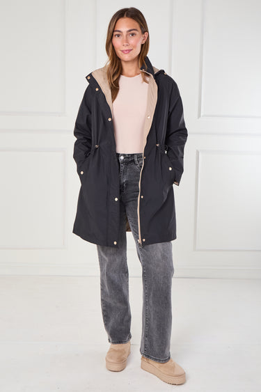 Black and Stone Drawstring Reversible Parka