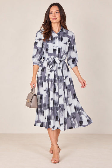 Love Sunshine Grey Abstract Brushstroke Print Tie Waist Midi Shirt Dress Brunch Dress Casual Dress Dress with Pockets Dresses Everyday Dress LS-2045 Workwear Dress