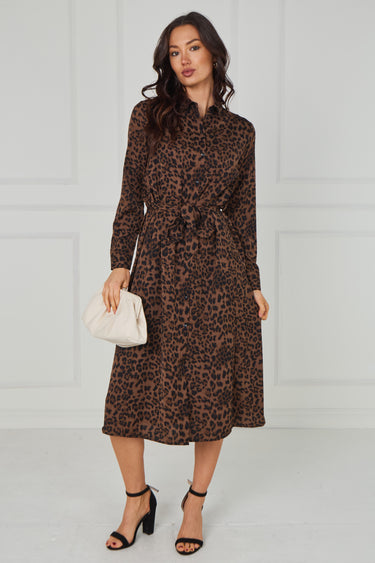 Brown Leopard Print Tie-Waist Button Midi Shirt Dress