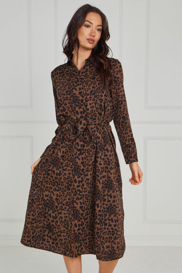 Brown Leopard Print Tie-Waist Button Midi Shirt Dress