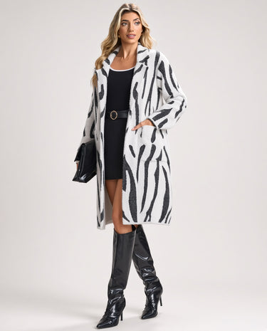 Love Sunshine Black & White Abstract Zebra Print Longline Coatigan auto-20 Tops