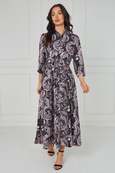 Black Ornate Print Belted Midaxi Shirt Dress