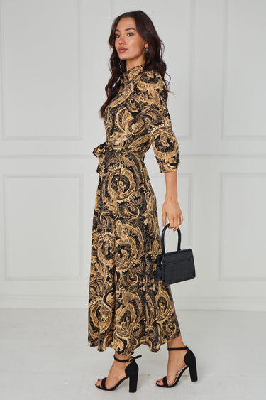 Gold Ornate Print Belted Midaxi Shirt Dress