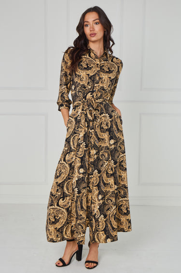 Gold Ornate Print Belted Midaxi Shirt Dress