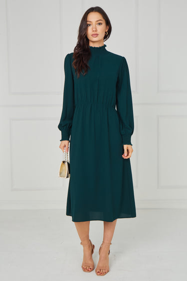 Emerald Green Shirred High Neck Midaxi Dress