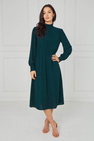 Emerald Green Shirred High Neck Midaxi Dress