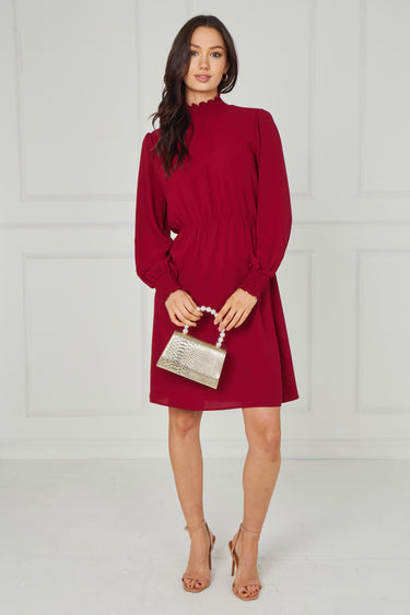Red Shirred Neck Long Sleeve Dress