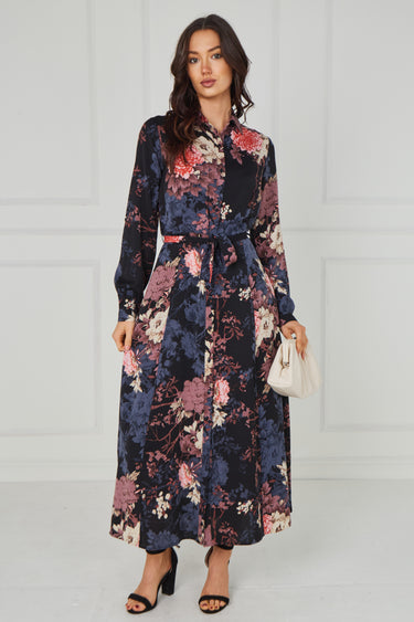 Navy Vintage Bloom Printed Maxi Shirt Dress