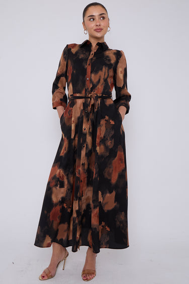 Brown Abstract Print Maxi Shirt Dress