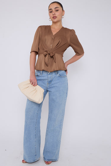 Mocha Short Sleeve Knotted Crepe Satin Top