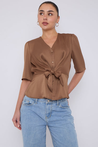 Mocha Short Sleeve Knotted Crepe Satin Top