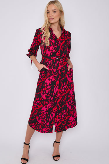 Fuchsia Leopard Print Half Sleeve Belted Maxi Shirt Dress