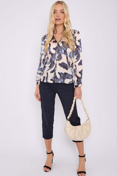 Love Sunshine Blue Abstract Print Gold Dotted Blouse auto-20 Brunch Casual Everyday Garden Party LS-2368 Tops Workwear