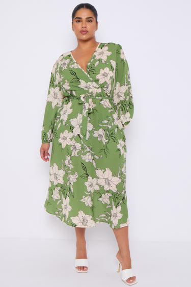 Green Floral Print Crossover Midi Dress
