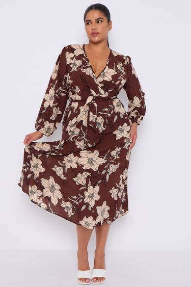 Brown Floral Print Crossover Midi Dress