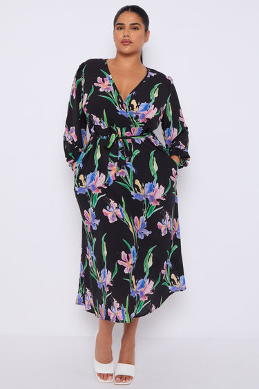 Black Floral Crossover Belted Midi Dress