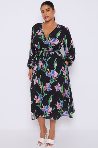 Black Floral Crossover Belted Midi Dress