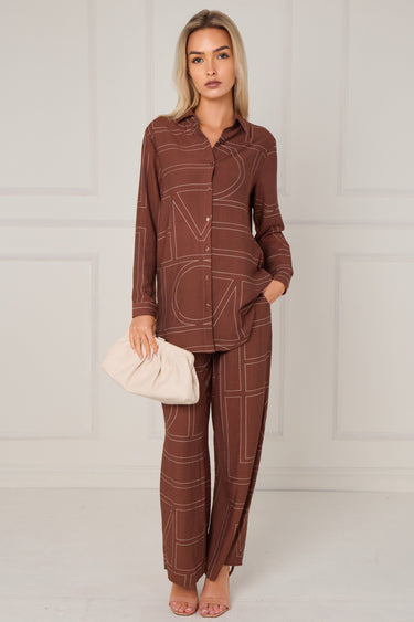 Chocolate Geometric Line Print Wide-Leg Co-ord