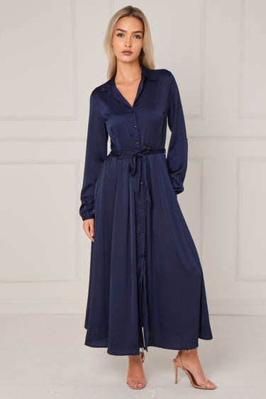Navy Layered Satin Long Sleeve Maxi Shirt Dress