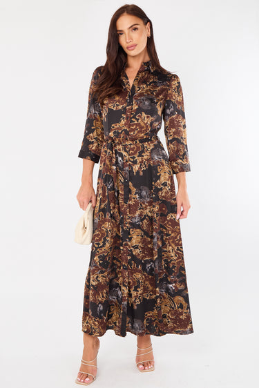 Brown Abstract Floral Print Satin Maxi Shirt Dress