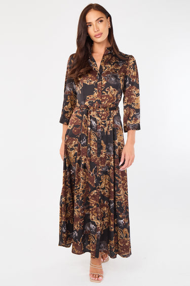 Brown Abstract Floral Print Satin Maxi Shirt Dress