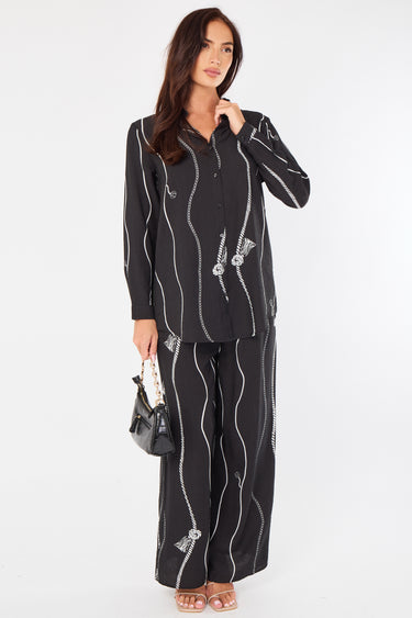 Black Rope Stripe Print Wide-Leg Co-ord