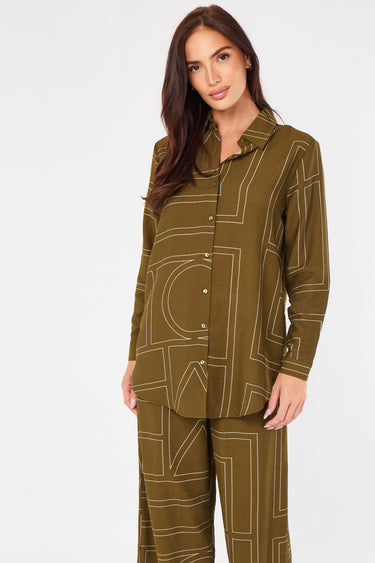 Khaki Geometric Line Print Wide-Leg Co-ord