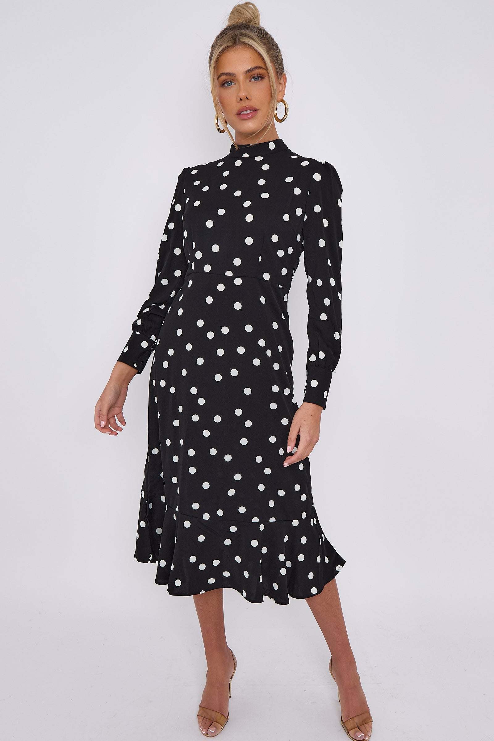 Love Sunshine Black Polka Dot Print Frilled Hem Midi Dress Bodycon Dress DB Garden Party Dress Going Out Dress Long Sleeve Dress LS-2332 Tea Dress Wedding Guest Dress