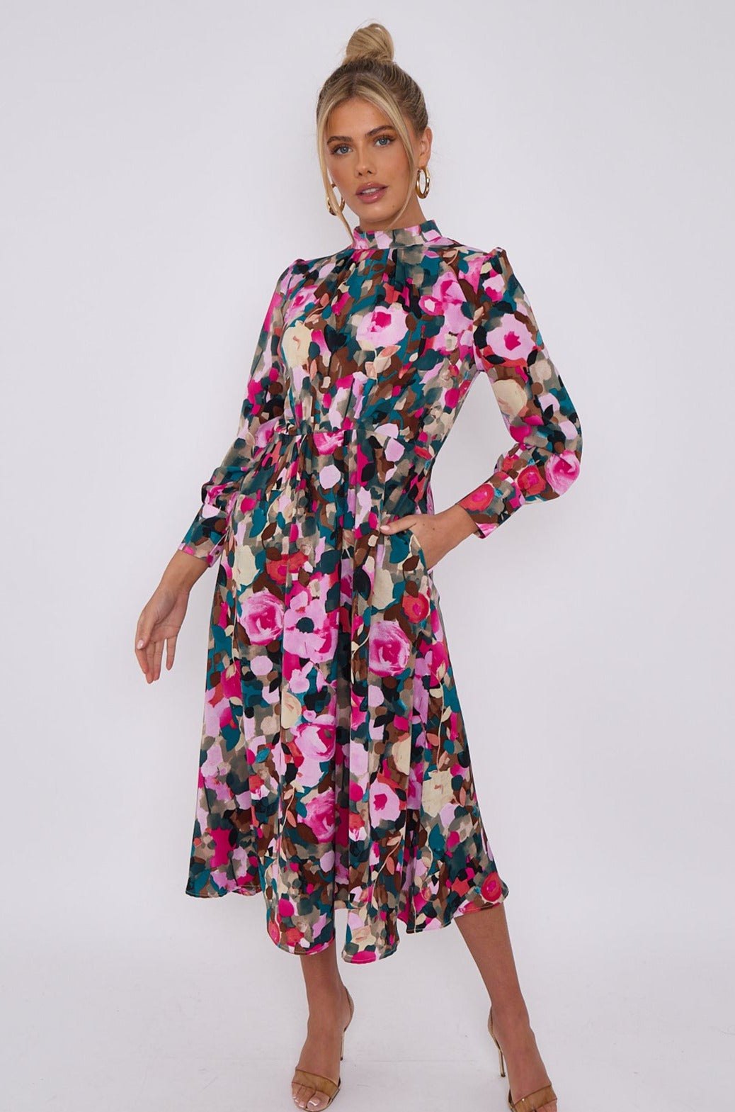 Love Sunshine Abstract Rose Print Pleated Skirt High Neck Midi Dress Dress with Pockets Garden Party Dress Going Out Dress Long Sleeve Dress LS-9099L Tea Dress Wedding Guest Dress