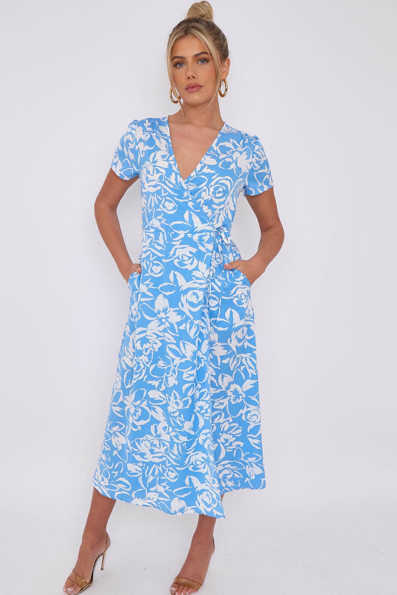 Blue Floral Print Wrapped Midi Dress Love Sunshine Blue Floral Print Wrapped Midi Dress Love Sunshine