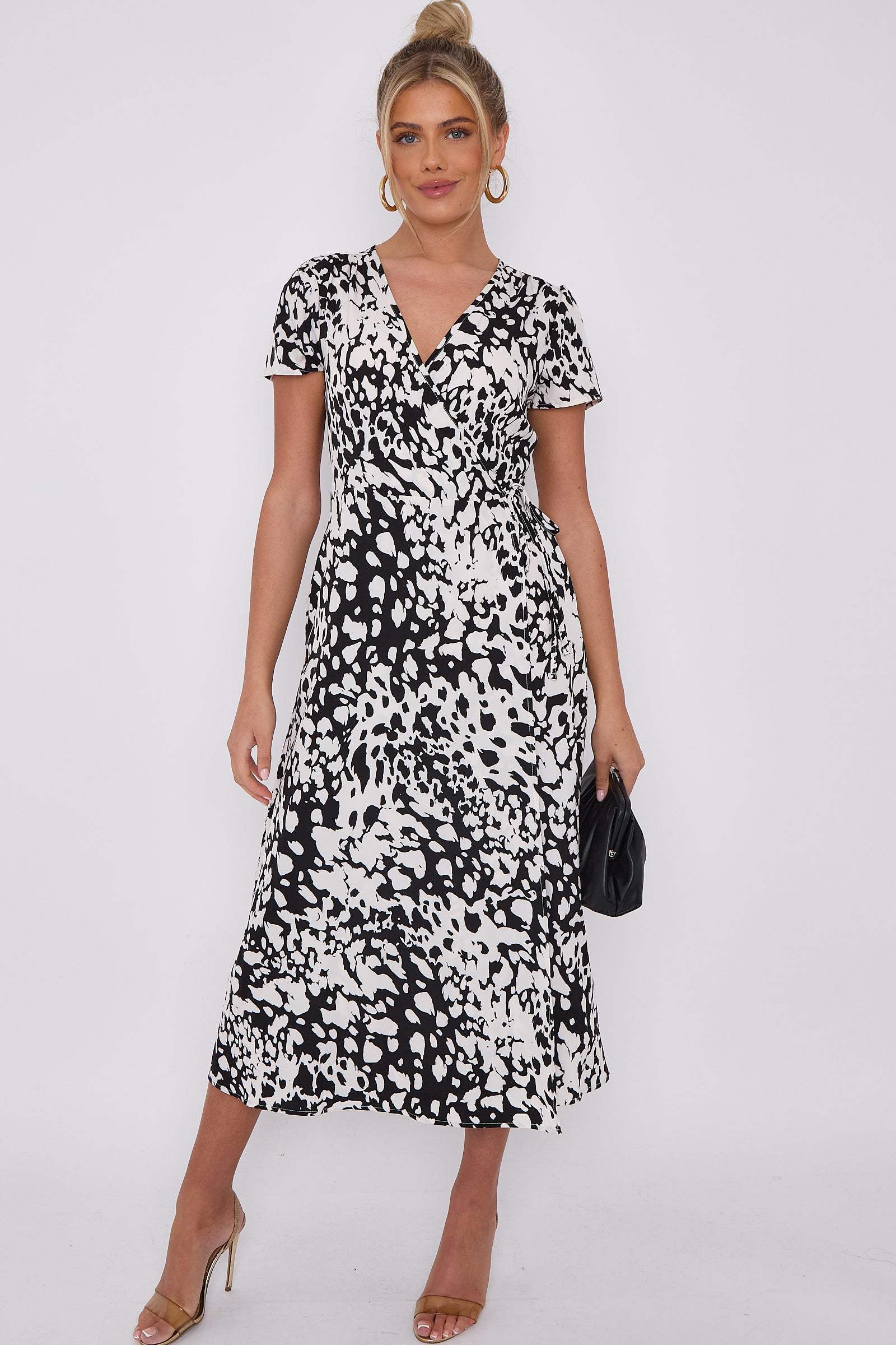 Love Sunshine Mono Leopard Print Wrapped Midi Dress Brunch Dress Dress with Pockets Everyday Dress Garden Party Dress Holiday Dress LS-2118 Short Sleeve Dress Summer Dress Tea Dress Wedding Guest Dress