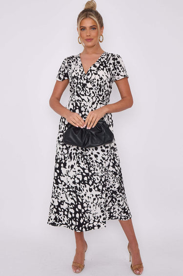 Love Sunshine Mono Leopard Print Wrapped Midi Dress Brunch Dress Dress with Pockets Everyday Dress Garden Party Dress Holiday Dress LS-2118 Short Sleeve Dress Summer Dress Tea Dress Wedding Guest Dress