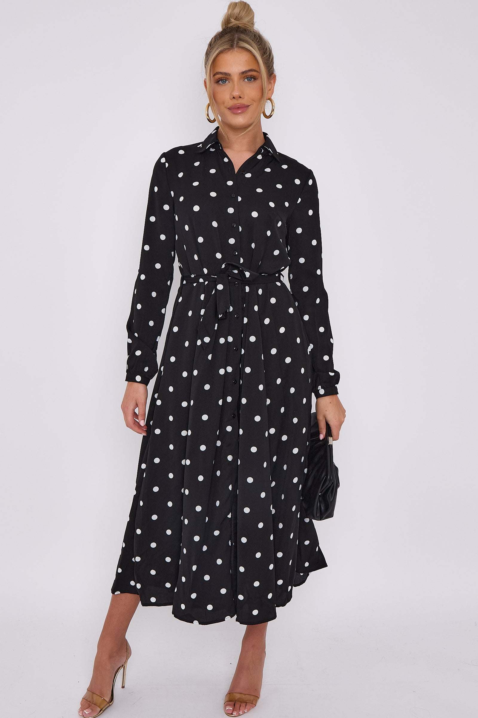 Love Sunshine Black Polka Dot Print Midaxi Shirt Dress Brunch Dress Casual Dress DB Dress with Pockets Everyday Dress Garden Party Dress Holiday Dress Long Sleeve Dress LS-2037 Wedding Guest Dress