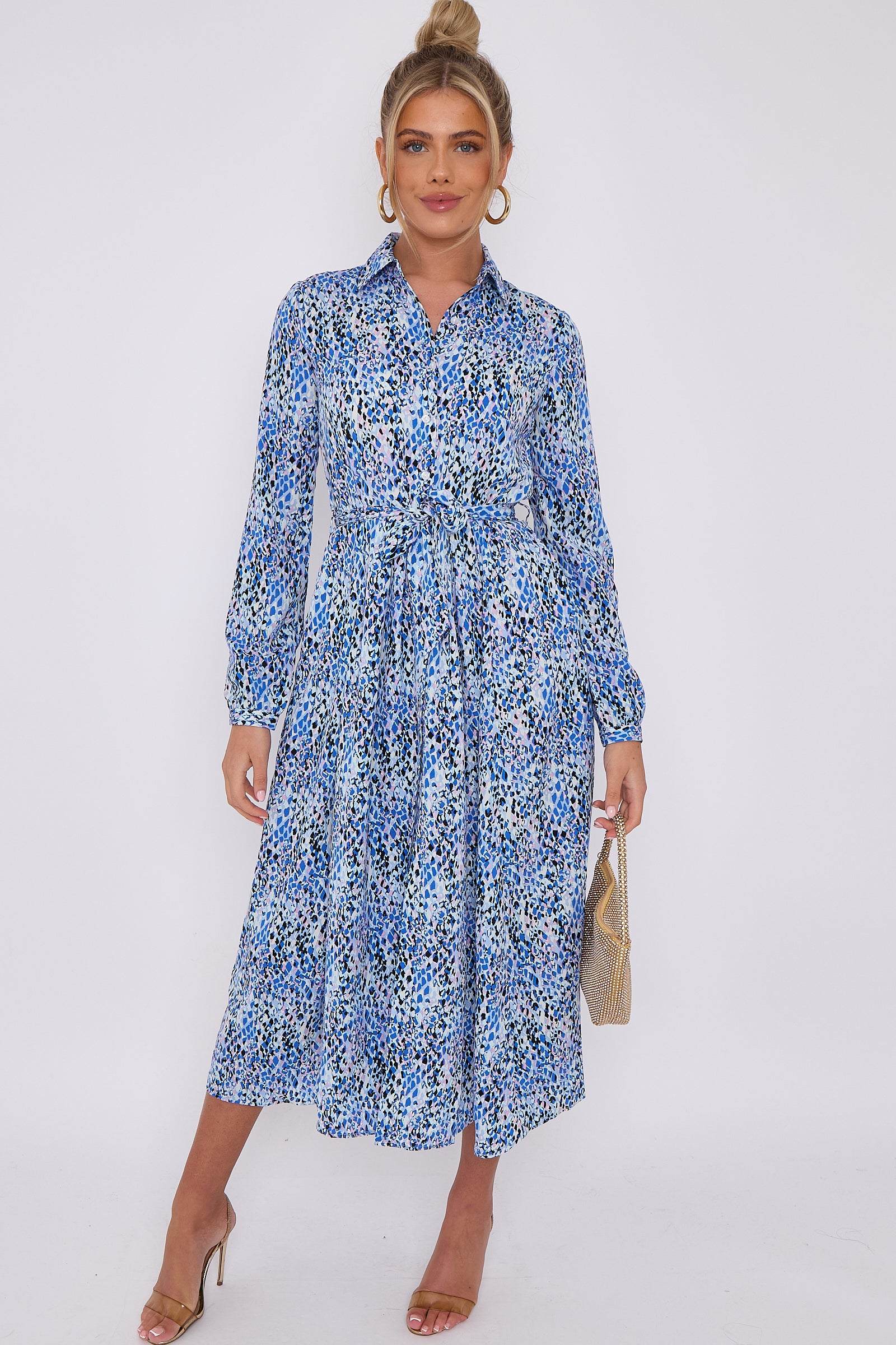 Love Sunshine Blue Leopard Print Midaxi Shirt Dress Brunch Dress Casual Dress DB Dress with Pockets Everyday Dress Garden Party Dress Holiday Dress Long Sleeve Dress LS-2037 Wedding Guest Dress