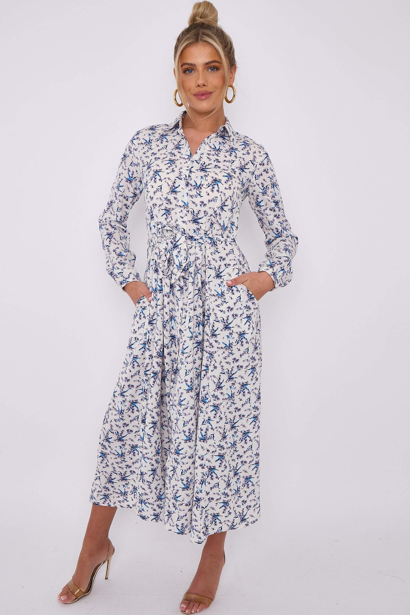 Love Sunshine Blue Floral Print White Long Sleeve Midaxi Shirt Dress Brunch Dress Casual Dress DB Dress with Pockets Everyday Dress Garden Party Dress Holiday Dress Long Sleeve Dress LS-2037 Wedding Guest Dress