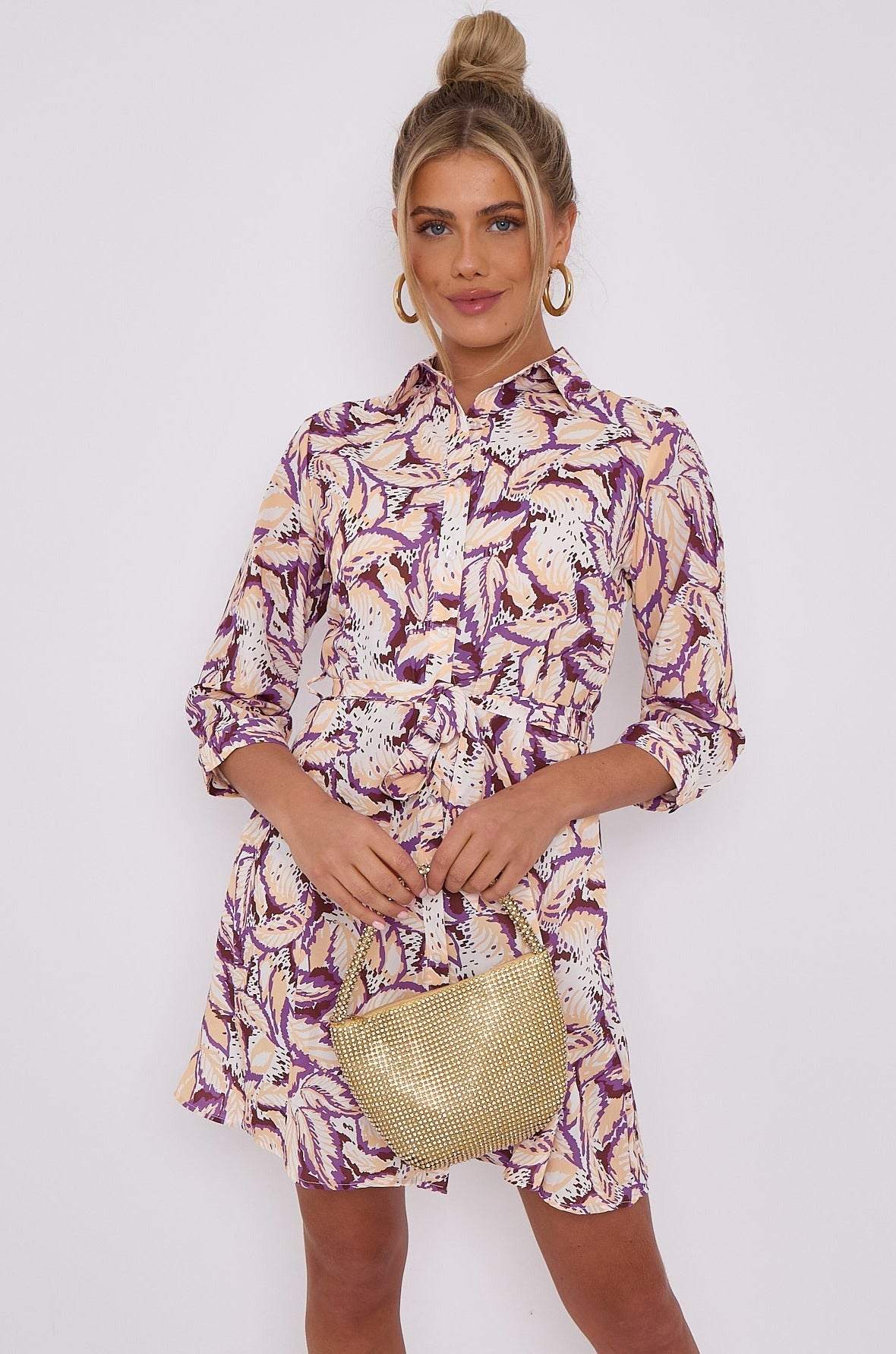 Love Sunshine Purple Leaf Print Mini Shirt Dress Brunch Dress Casual Dress DB Dress with Pockets Everyday Dress Garden Party Dress Holiday Dress Long Sleeve Dress LS-2143 Quarter Sleeve Dress Summer Dress