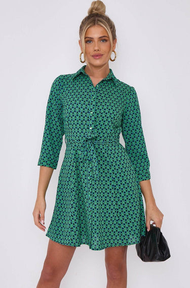 Love Sunshine Green Geo Print Belted Mini Shirt Dress Brunch Dress Casual Dress Dress with Pockets Everyday Dress Garden Party Dress Long Sleeve Dress LS-2143 Workwear Dress