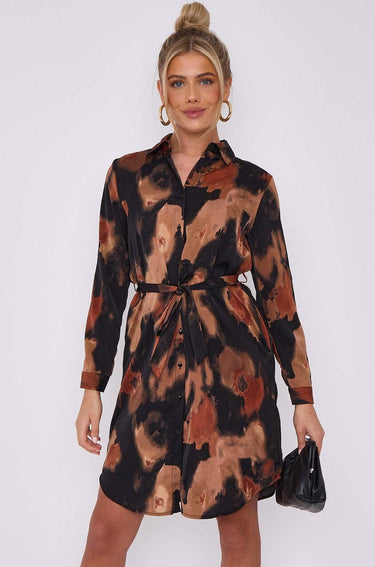Love Sunshine Brown Abstract Print Black Mini Shirt Dress Brunch Dress Casual Dress Dress with Pockets Everyday Dress Long Sleeve Dress LS-5026 Workwear Dress