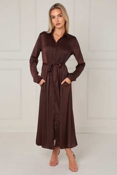 Espresso Layered Satin Long Sleeve Maxi Shirt Dress
