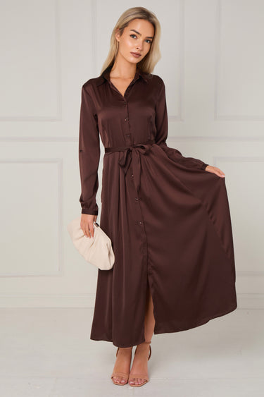 Espresso Layered Satin Long Sleeve Maxi Shirt Dress