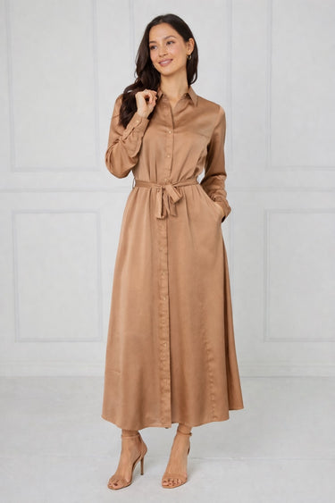 Caramel Velvety Satin Maxi Shirt Dress