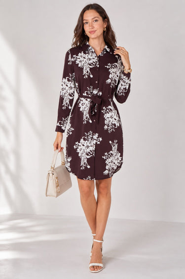 Love Sunshine Chocolate Ivory Bouquet Print Belted Shirt Dress Brunch Dress Casual Dress Dress with Pockets Dresses Everyday Dress Long Sleeve Dress LS-5026 Workwear Dress