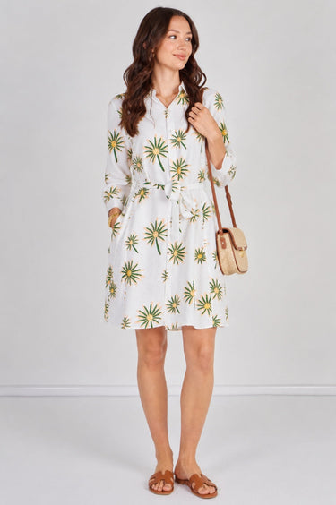 White Floral Print Long Sleeve Mini Shirt Dress
