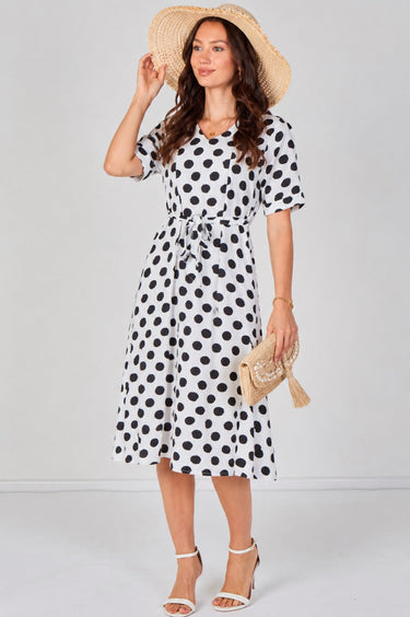 White Polka Dot Short Sleeve Midi Dress