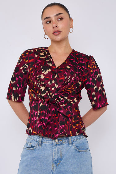 Deep Fuchsia Leopard Print Knotted Satin Top
