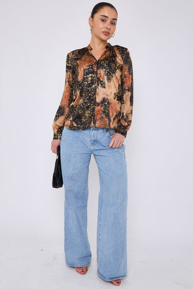 Love Sunshine Brown Abstract Print Gold Foil Splash Print Blouse auto-20 Brunch Casual Everyday Garden Party LS-2368 Tops Workwear